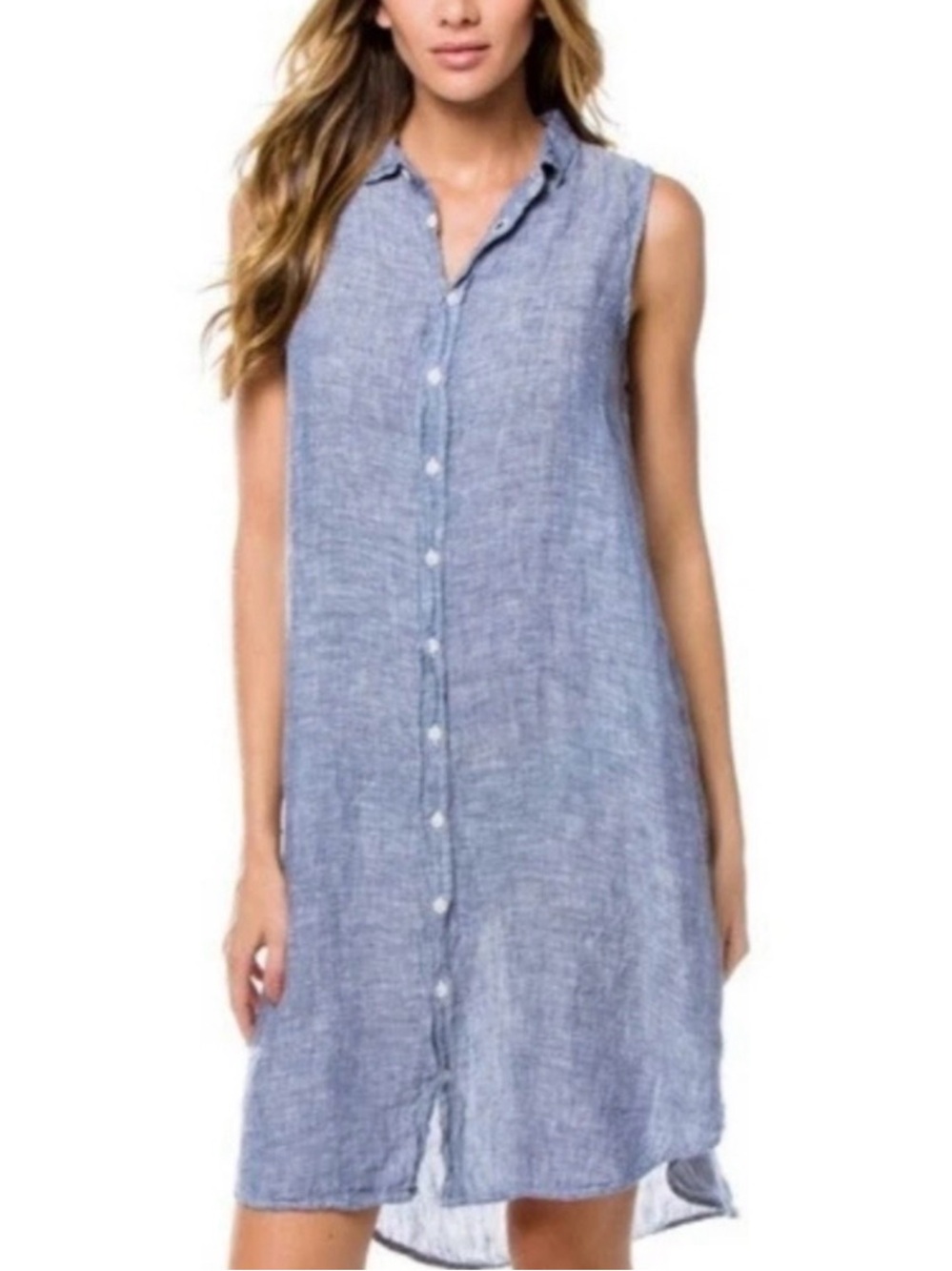 CP Shades Sleeveless Button-Front Linen Dress in Slate Blue